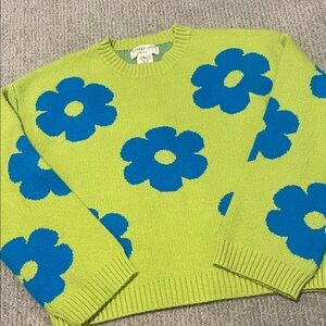 Kids' Lime Green Sweater with Blue Floral Design